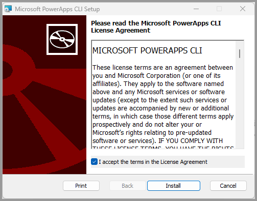 Accept the terms of the license agreement and install the Power Apps CLI