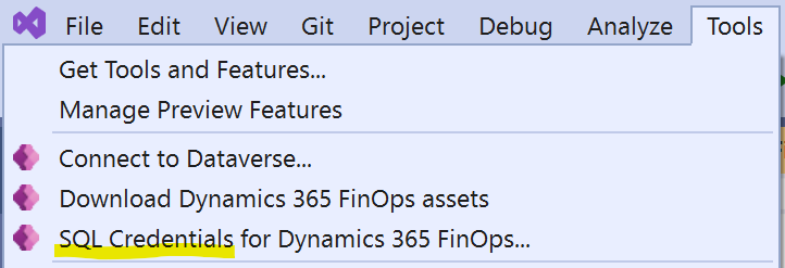 Visual Studio> Tools> SQL Credentials for Dynamics 365 FinOps...