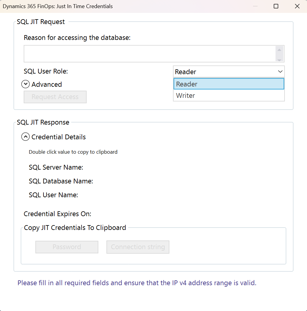 Visual Studio> Tools> SQL Credentials for Dynamics 365 FinOps Request window