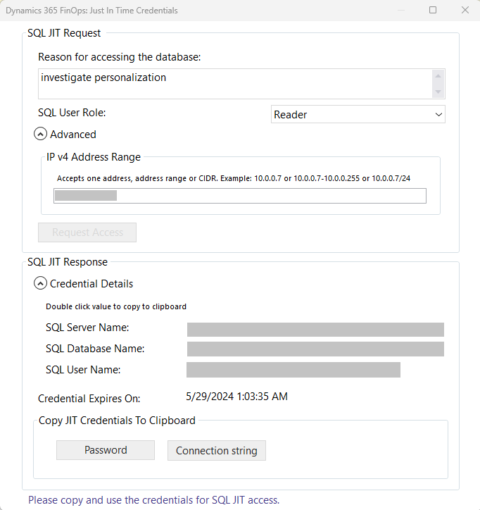 Visual Studio> Tools> SQL Credentials for Dynamics 365 FinOps Response