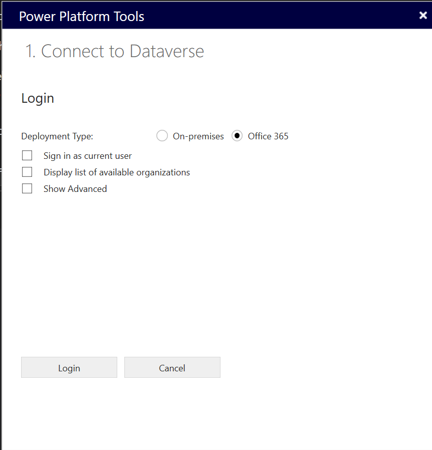 Login dialog when connecting to unified environment from Visual Studio.