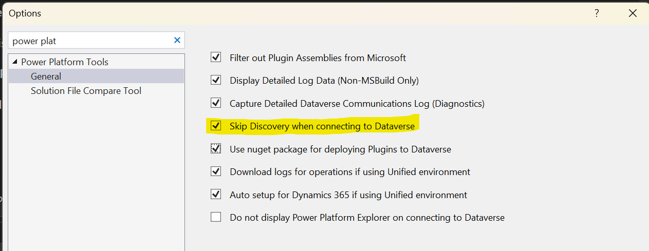 Visual Studio> Tools> Options> Power Platform Tools to skip Discovery