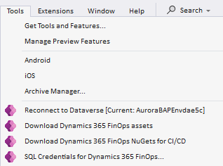 Tool menu options
