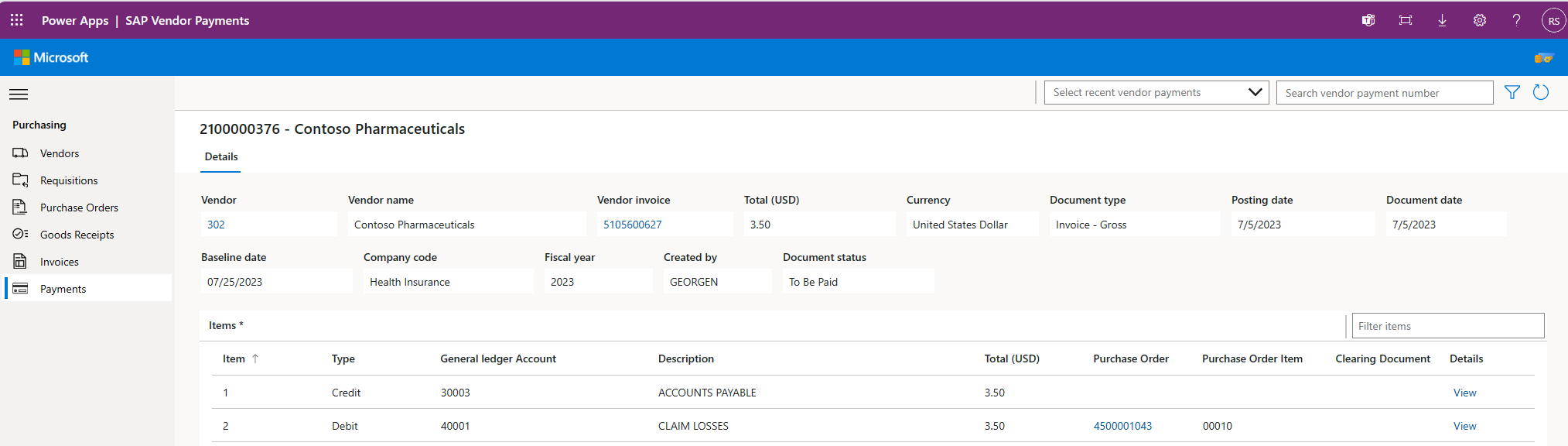 Image of the Microsoft's SAP Procurement payment app for Power Platform.