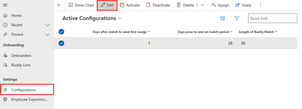 Screenshot of the Onboarding Buddy Admin app, with Configurations and the Edit button highlighted.