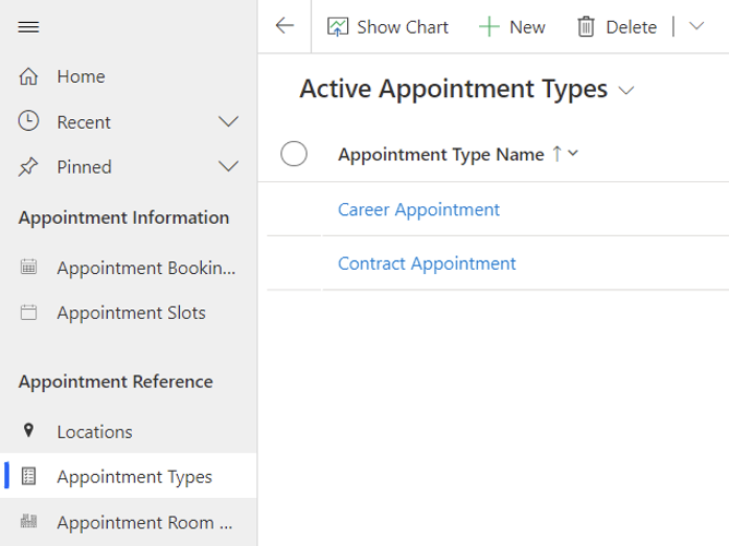 Screenshot of setting up appointment locations,types, and room numbers in the Appointment Booking Admin app.