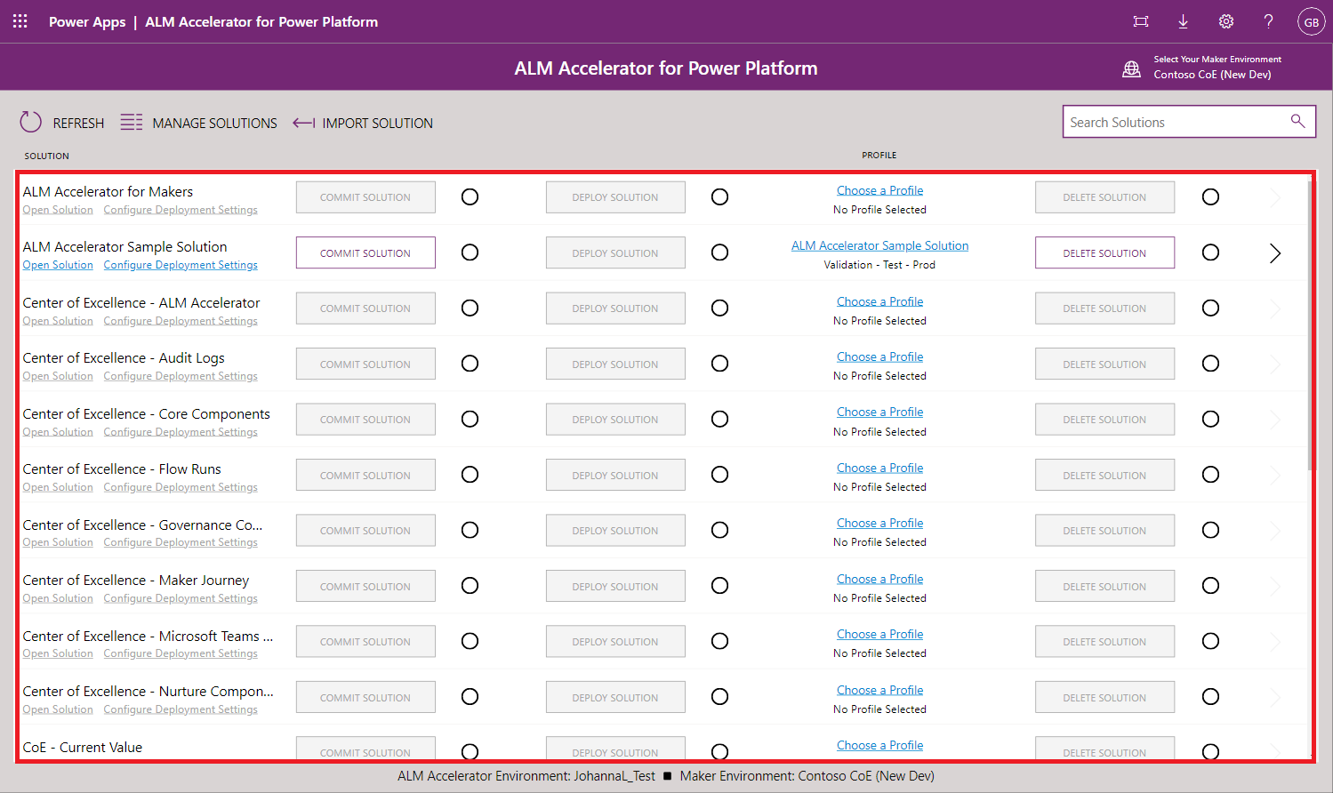 Screenshot of the solution list in the ALM Accelerator advanced maker experience.