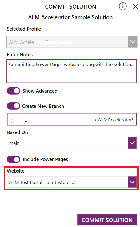 Screenshot of the Commit Solution pane in the ALM Accelerator, with the Include Power Apps setting and website highlighted.