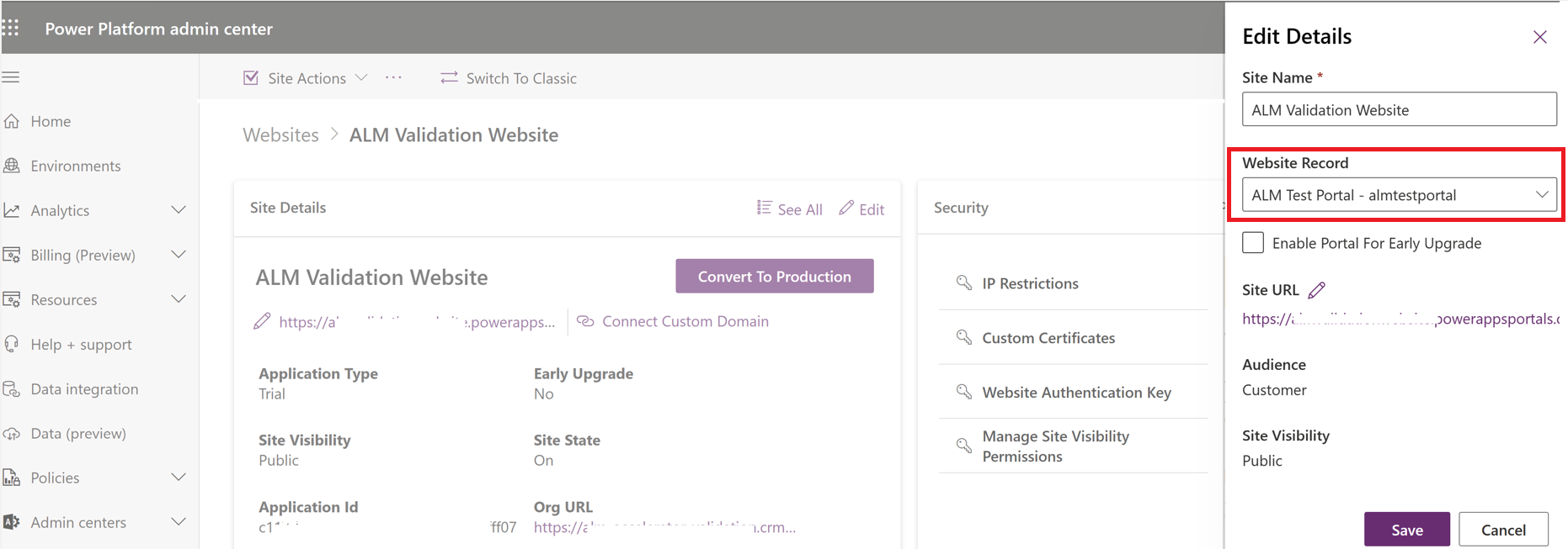 Screenshot of updating the details of a Power Pages website in the Power Platform admin center.