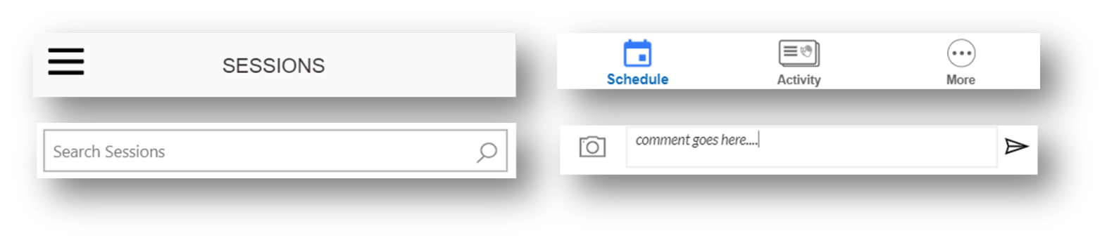 Screenshot of components in canvas apps like Sessions, Schedule, and Activity.