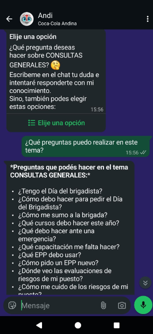 Screenshot of the Andi WhatsApp chat showing a list of general questions employees can ask.