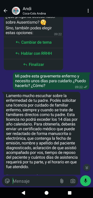 Screenshot of the Andi WhatsApp chat showing an employee question about family leave and a detailed personalized policy reply.