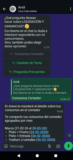 Screenshot of the Andi WhatsApp chat showing menu options and a list of cafeteria consumption details by month.