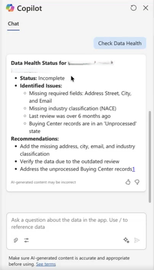 Screenshot of the Copilot sidebar showing data health status with Incomplete status, identified issues, and recommendations.
