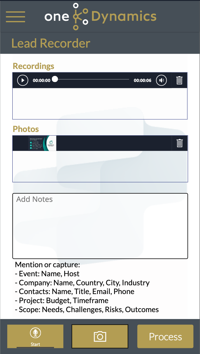 Screenshot of the Lead Recorder mobile app showing recordings, photos, and add notes sections with start, camera, and process buttons.