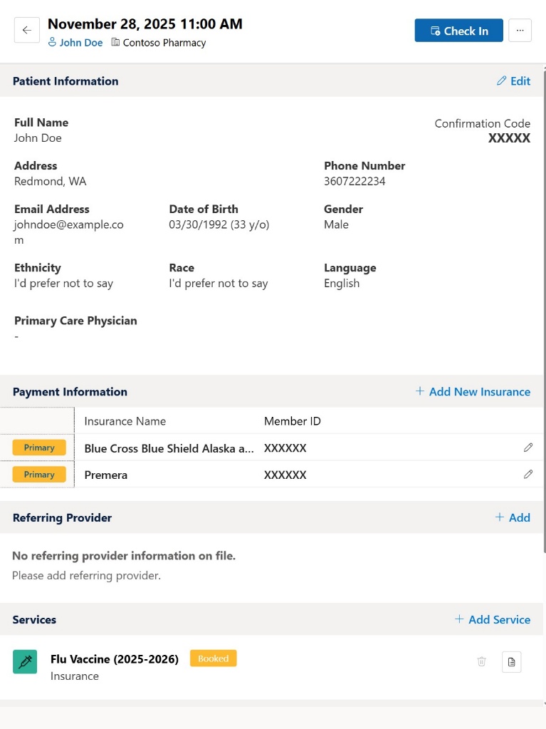 Screenshot of appointment overview in a canvas app showing patient information, insurance details, and a booked flu vaccine service.