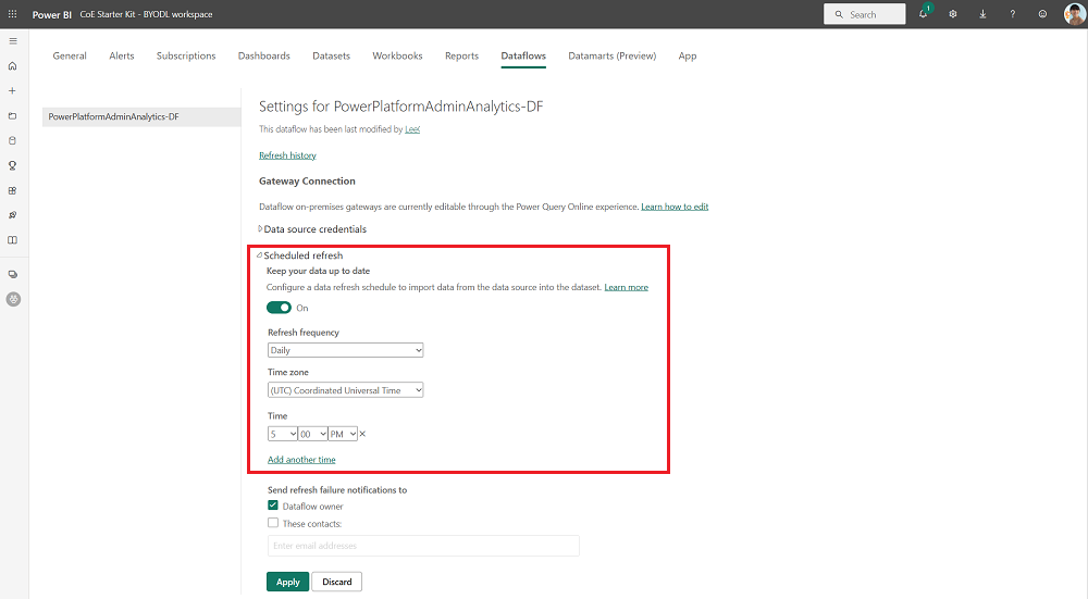 Configure scheduled refresh for the dataflow.