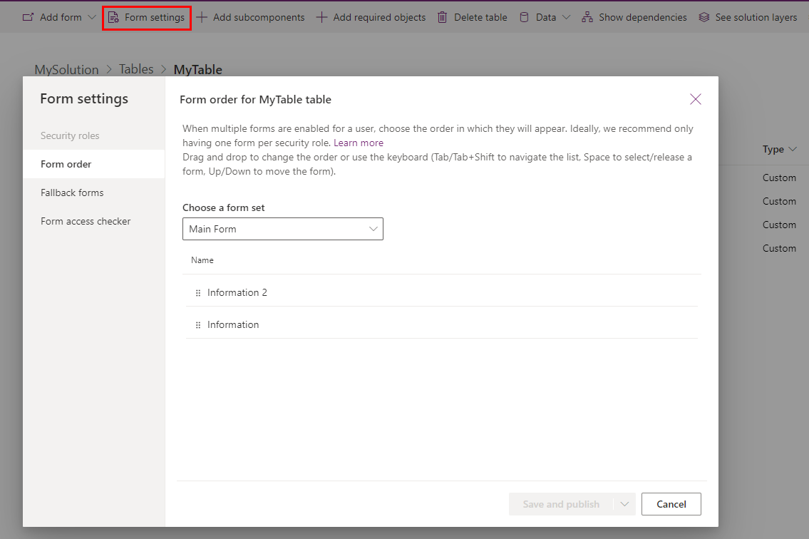 Screenshot showing the form settings window