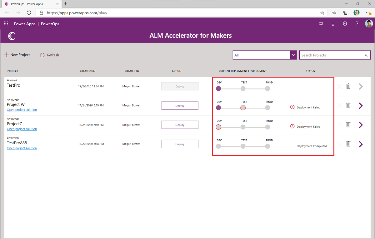 View deployment status in ALM Accelerator for Makers.