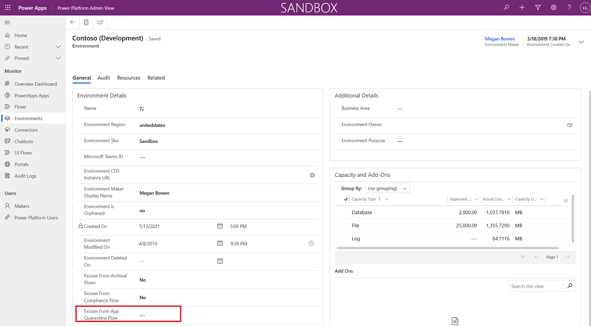 Exclude an environment from the app quarantine process in a production environment.