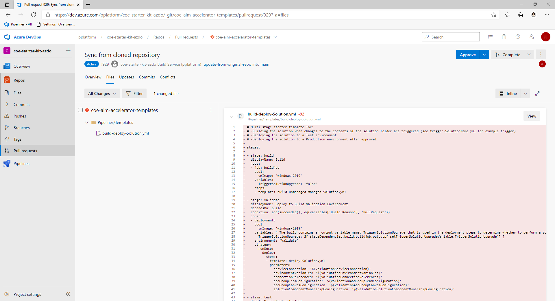 Screenshot of the sync pipeline pull request.