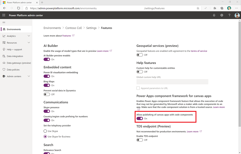 Enable publishing of canvas apps with code components in the Power Platform admin center.