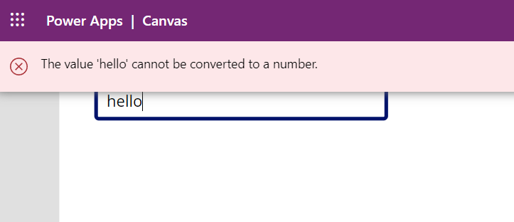 no value displayed and error banner shown for the inability to convert "hello" to a number