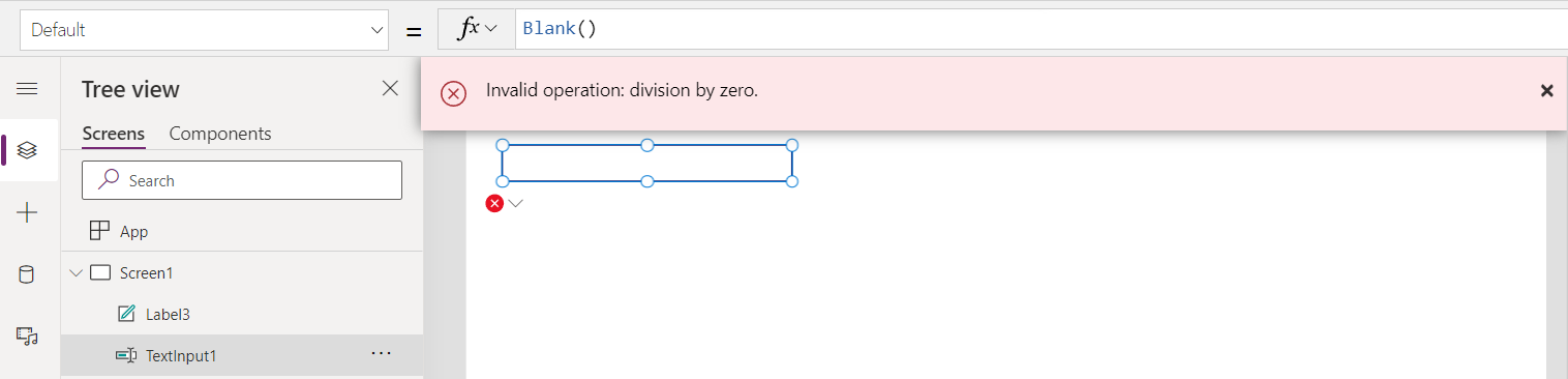 Error banner displayed with "division by zero"