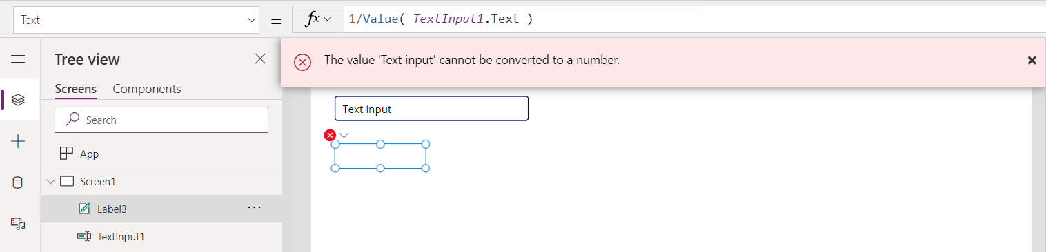 Error banner displayed with "the value cannot be converted to a number" for the text input control containing "Text input"