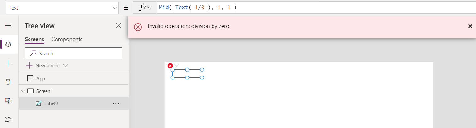 Error banner showing invalid operation: division by zero