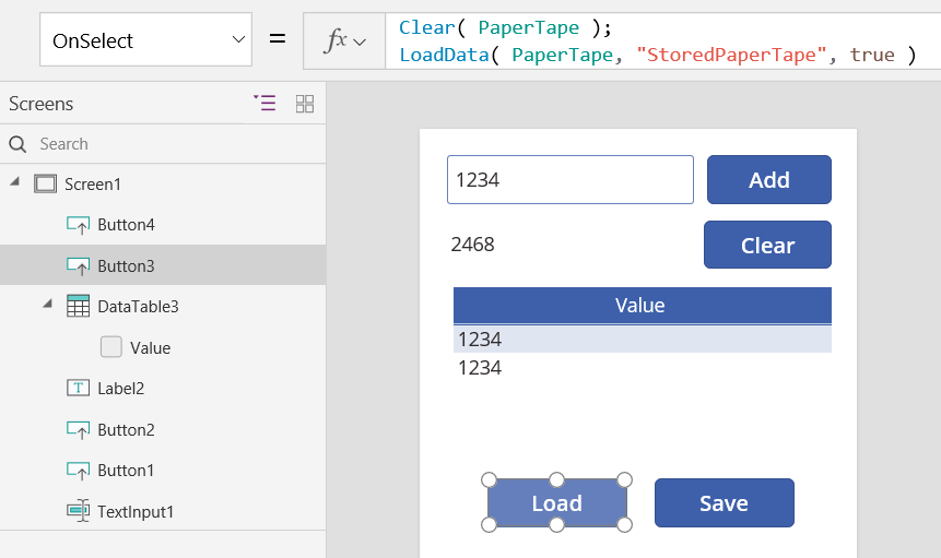 Screenshot of the Load button OnSelect property clearing and loading the PaperTape collection.