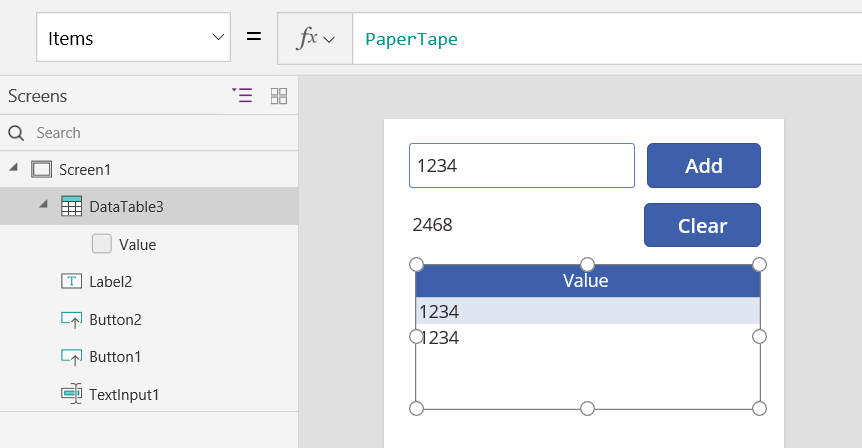 Screenshot of a data table displaying the values added to the PaperTape collection.