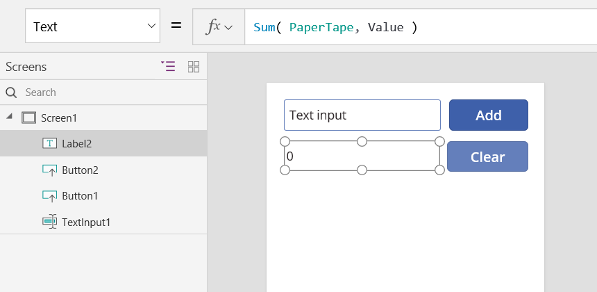 Screenshot of a label Text property using Sum to calculate the PaperTape running total.
