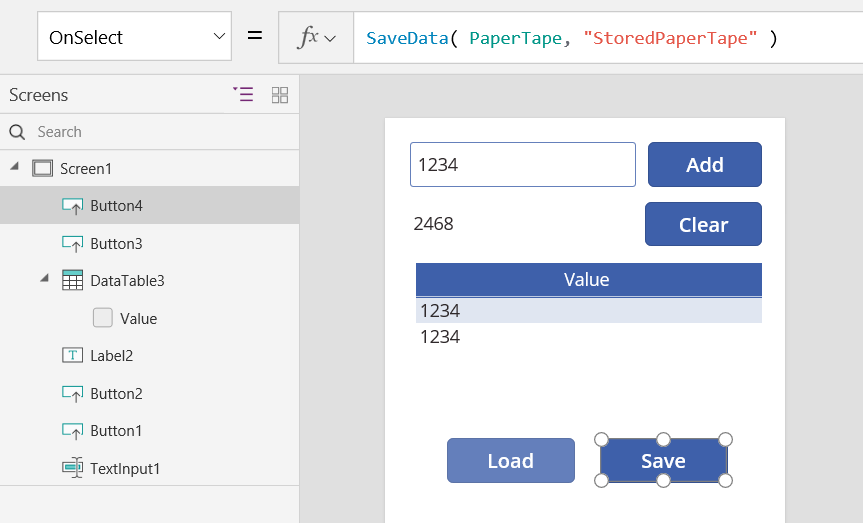 Screenshot of the Save button OnSelect property saving the PaperTape collection locally.