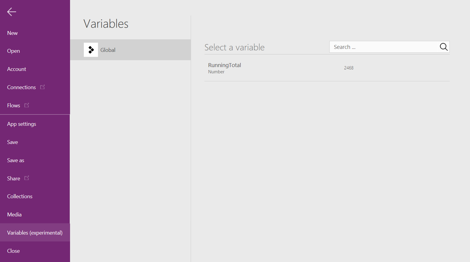 Screenshot of the global Variables option selected from the File menu in the app editor.
