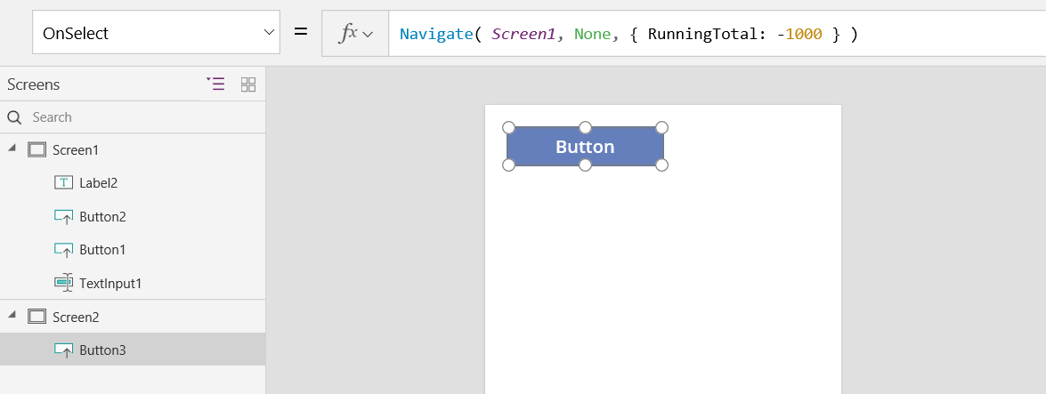 Screenshot of a button OnSelect property using Navigate to pass a context variable to Screen1.