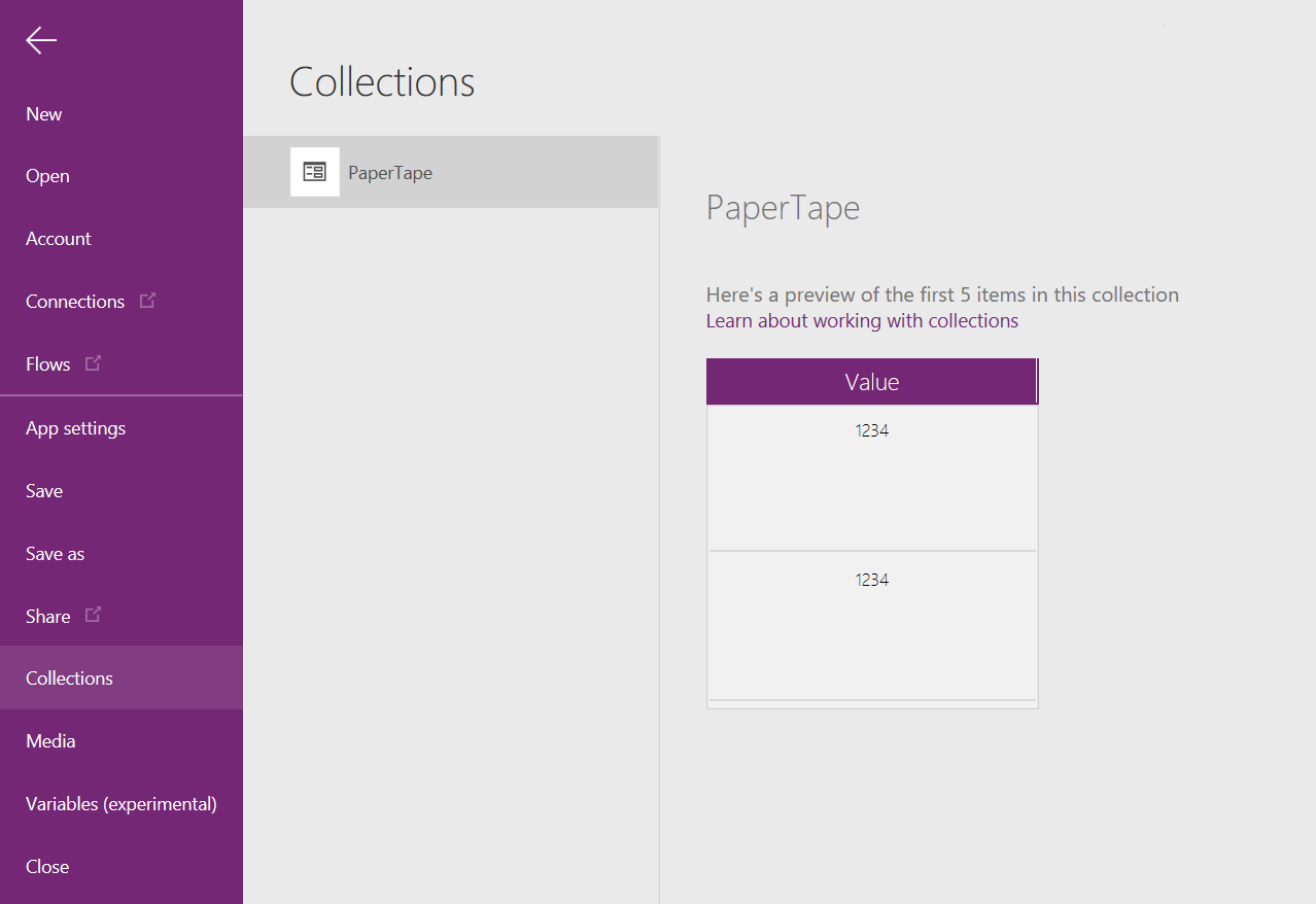 Screenshot of the Collections view displaying the stored values in the PaperTape collection.