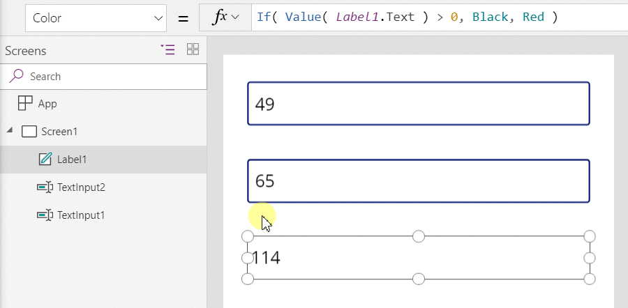 Screenshot of a Power Fx formula changing a label color when the calculated value is negative.
