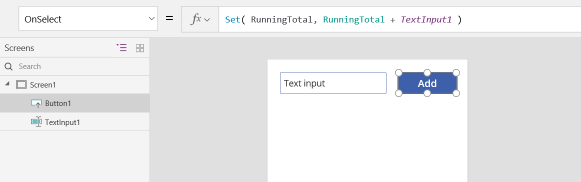 Screenshot of the Add button OnSelect property using Set to update a Power Fx global variable.