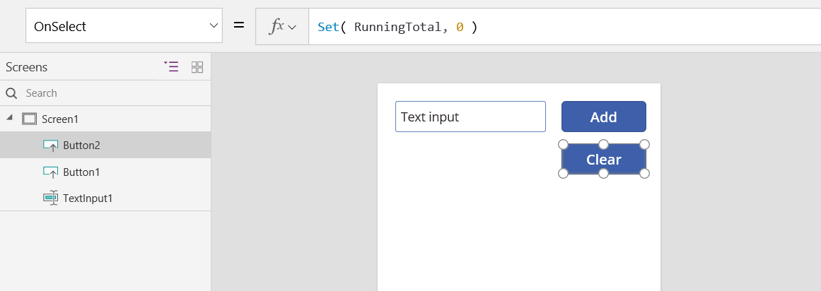 Screenshot of the Clear button OnSelect property using Set to reset a Power Fx global variable.
