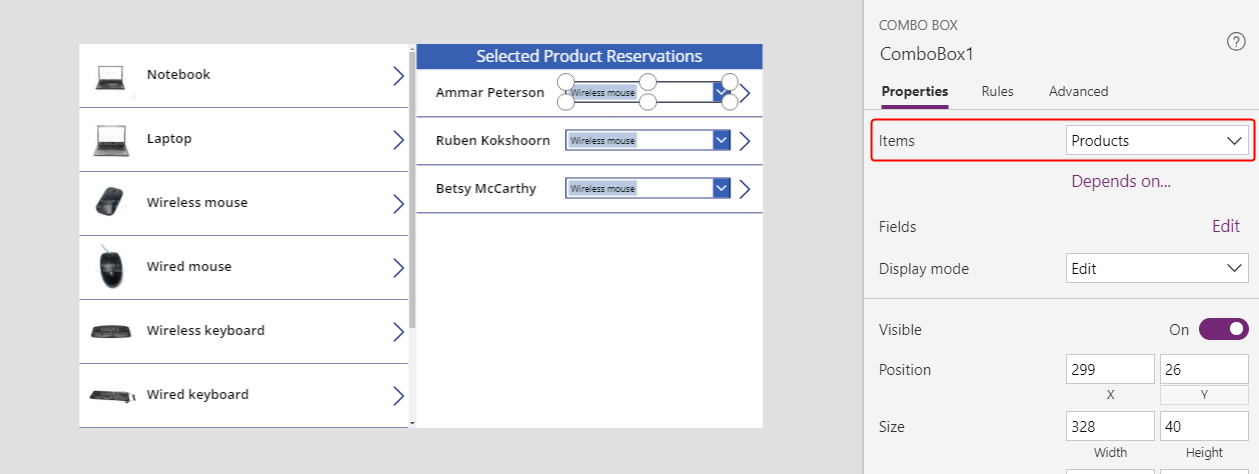 Set Items property to Products.