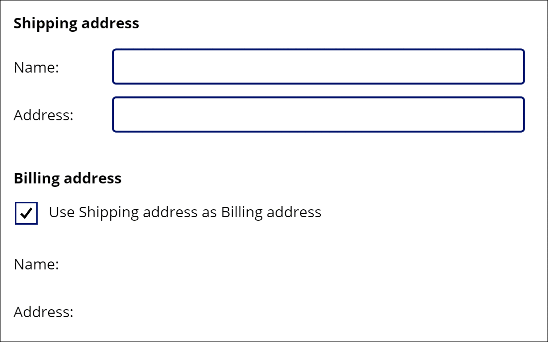 Animation of choosing to use a custom Billing address, with focus moved to the Billing name input control as a result,turning off the automatic sync with the Shipping addresss.