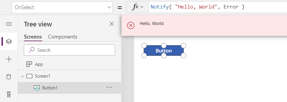 In the authoring environment, showing Button.OnSelect calling Notify and displaying the resulting Hello, World message as a red banner message for the user.