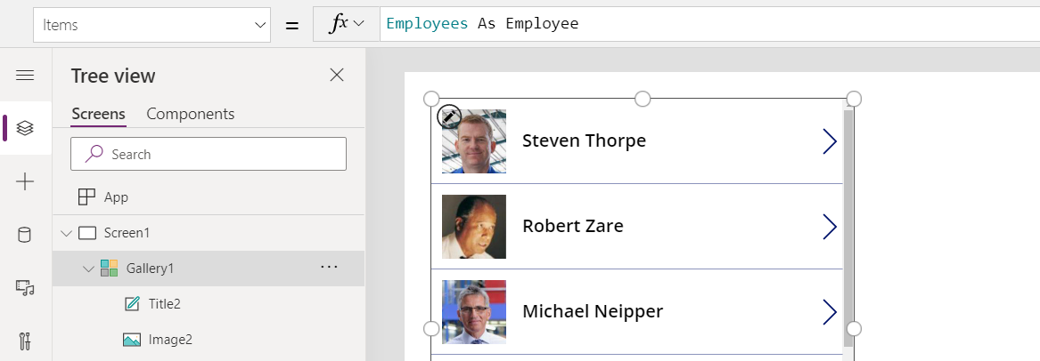 Gallery of employees, using the As operator.