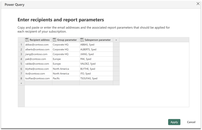 Screenshot of table with recipient email addresses and paginated report parameters