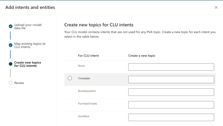 A picture of the UI for importing CLU models into an existing Power Virtual Agents project.