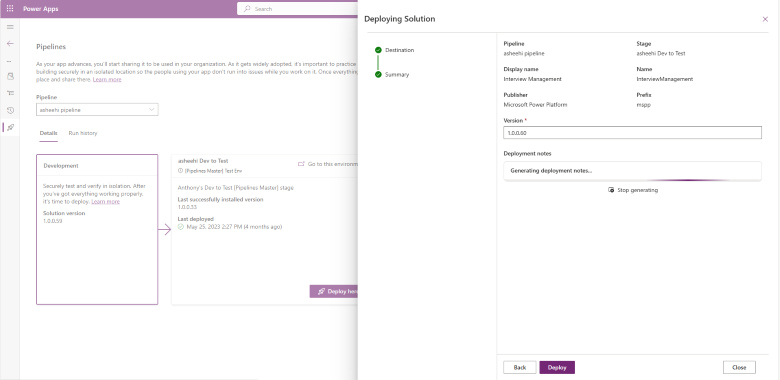 View of new Deployment notes section and Stop generating option.