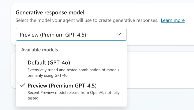 Dropdown menu to select Preview Premium GPT-4.5