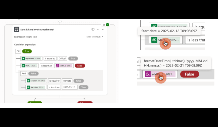 Each row shows true/false, each dynamic content or expression shows preview value of result