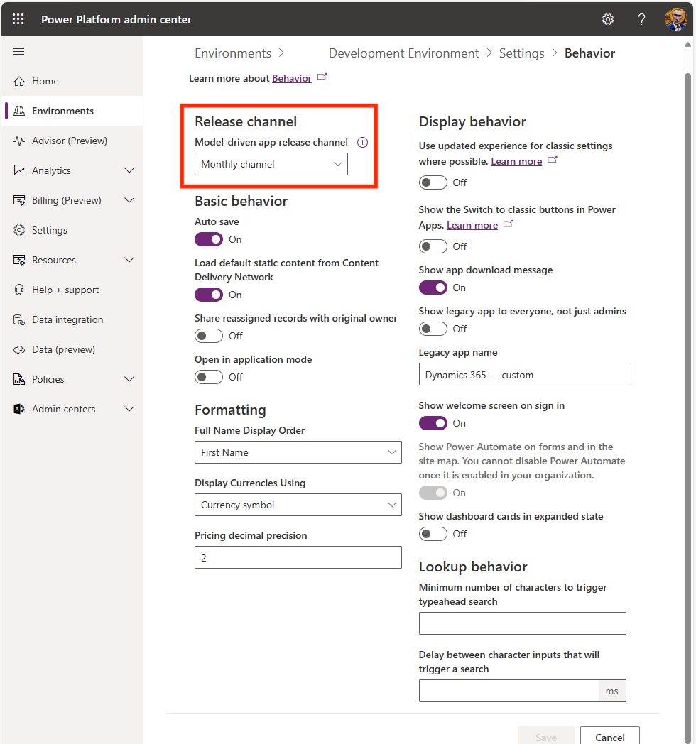 Screenshot of how to manage behavior settings in the Power Platform admin center.